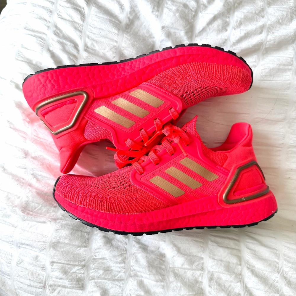 Adidas womens Ultraboost Running Shoes - neon Pink with Gold Stripes